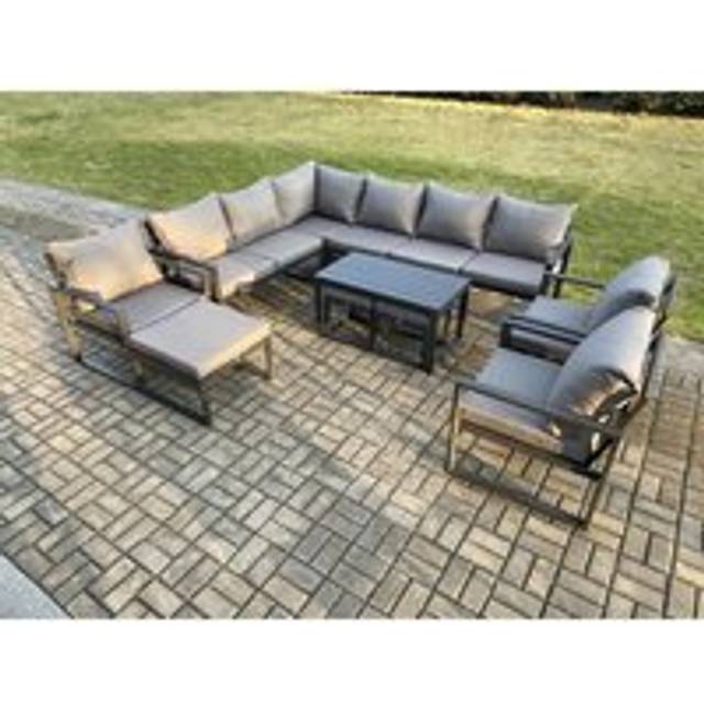 Fimous Aluminum 12 Seater Outdoor Lounge Corner Sofa Set Garden Furniture Sets with Oblong Coffee Table 3 Chairs 3 Footstools Dark Grey