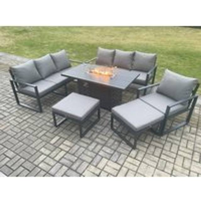 Fimous Aluminium 6 Pieces Garden Furniture Corner Sofa Set with Cushions Gas Fire Pit Dining Table Set Gas Heater Burner Dark Grey