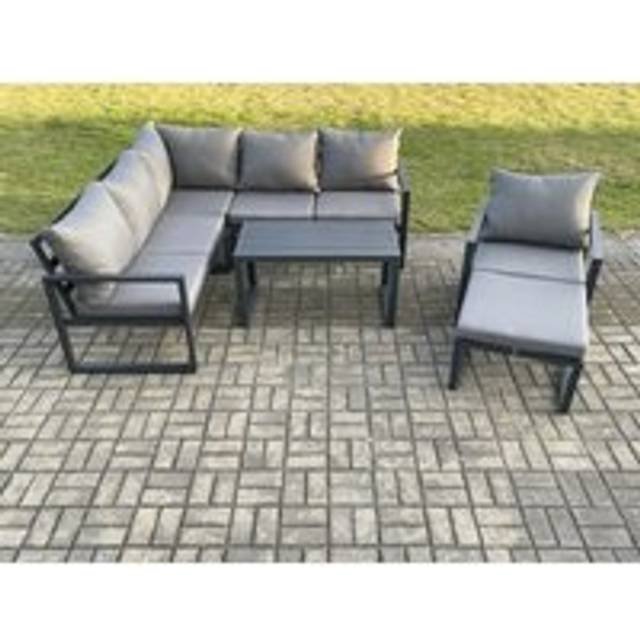 Fimous Aluminium Outdoor Garden Furniture Set Lounge Sofa Oblong Coffee Table Sets with Chair Big Footstool Indoor Conservatory Set Dark Grey