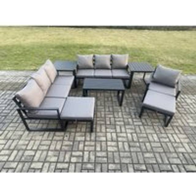 Fimous Aluminium 8 Pieces Garden Furniture Set with Cushions 9 Seater Outdoor Patio Lounge Sofa Set with Armchair 2 Big Footstools 2 Side Tables Dark