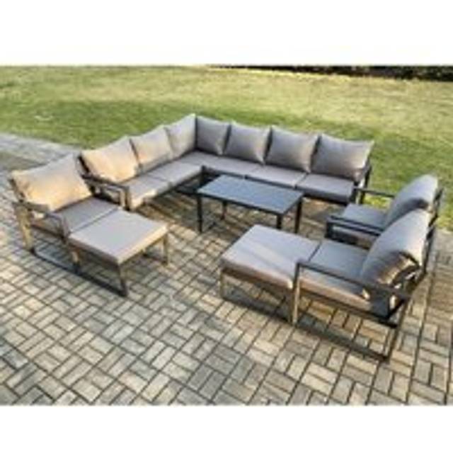 Fimous Aluminum 11 Seater Outdoor Lounge Corner Sofa Set Garden Furniture Sets with Oblong Coffee Table 3 Chairs 2 Big Footstools Dark Grey