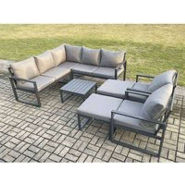 9 Seater Outdoor Aluminium Garden Furniture Set Corner Lounge Sofa Set with Square Coffee Table 2 Big Footstools Dark Grey - One Size
