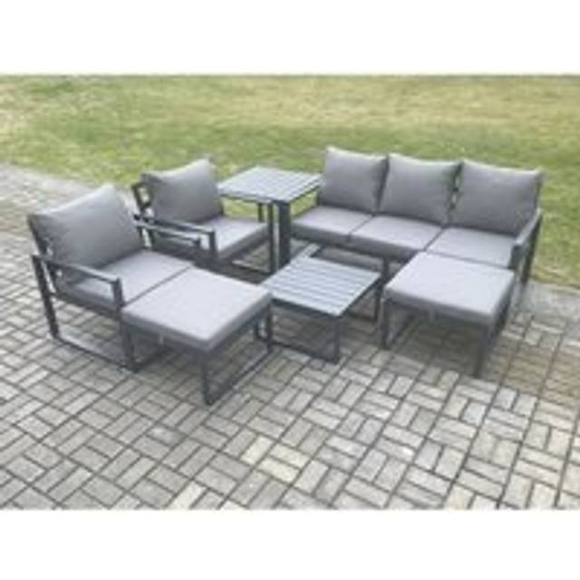 Fimous Aluminium Outdoor Lounge Sofa Set Garden Furniture Sets with Square Coffee Table 2 Chairs 2 Big Footstools Dark Grey 7 Seater