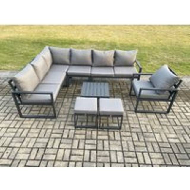 Fimous 9 Seater Aluminium Garden Furniture Set Outdoor Lounge Corner Sofa Chair Square Coffee Table Sets with 2 Small Footstools Dark Grey