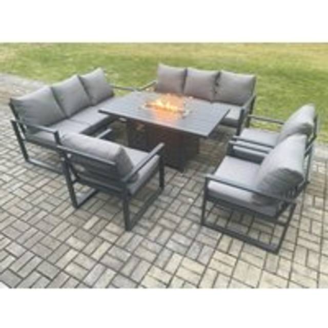 Fimous Aluminium Garden Furniture Outdoor Set Patio Lounge Sofa Gas Fire Pit Dining Table Set with 3 Armchair Dark Grey