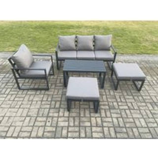 Fimous Aluminium 5 Pieces Garden Furniture Sofa Set with Cushions 6 Seater Outdoor Patio Set with Armchair 2 Big Footstools Dark Grey
