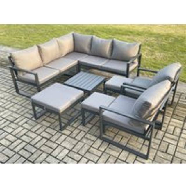 Fimous 10 Seater Outdoor Aluminium Garden Furniture Set Corner Lounge Sofa Set with Square Coffee Table 3 Footstools Dark Grey