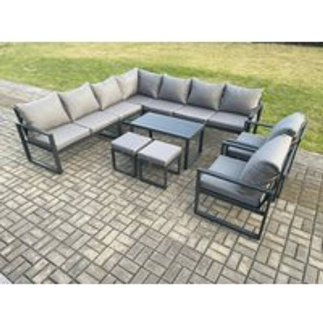 Fimous Aluminium Outdoor Garden Furniture Set Lounge Corner Sofa 2 Pcs Chair Oblong Coffee Table Sets with 2 Small Footstools Dark Grey