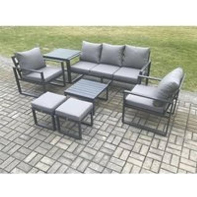 Fimous Aluminium 7 Seater Outdoor Lounge Sofa Set Garden Furniture Sets with Square Coffee Table 2 Chairs 2 Small Footstools Dark Grey