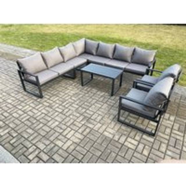 Fimous Aluminium Patio Outdoor Garden Furniture Lounge Corner Sofa Set with Oblong Coffee Table 2 Chairs Dark Grey