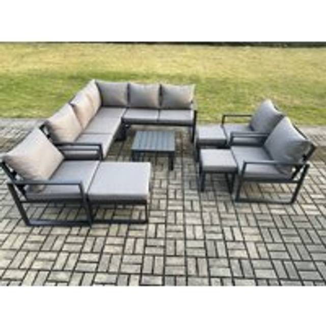 Fimous 11 Seater Outdoor Aluminium Garden Furniture Set Corner Lounge Sofa Set with Square Coffee Table Chair 3 Footstools Dark Grey