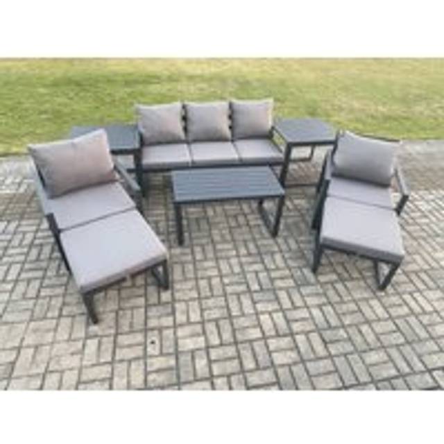 Fimous Aluminium 8 Pieces Garden Furniture Sofa Set with Cushions 7 Seater Outdoor Patio Set with 2 Armchair 2 Big Footstools 2 Side Tables Dark Grey