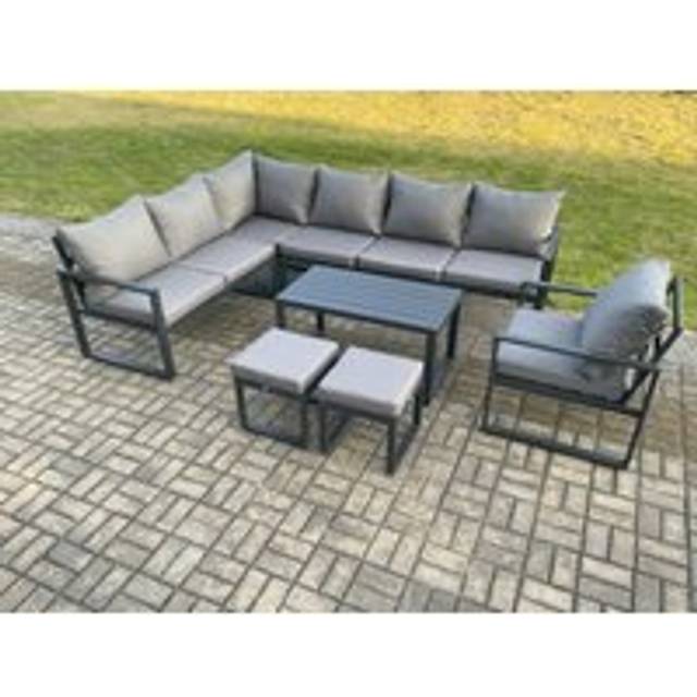 Fimous Aluminium Garden Furniture Set Outdoor Indoor Lounge Corner Sofa Chair Oblong Coffee Table Sets with 2 Small Footstools Dark Grey