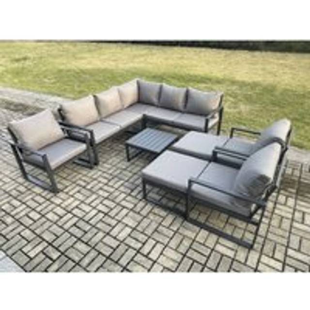 10 Seater Outdoor Aluminium Garden Furniture Set Corner Lounge Sofa Set with Square Coffee Table Chair 2 Big Footstools Dark Grey - One Size