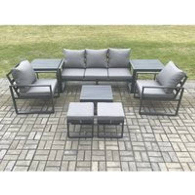 Fimous Aluminium 7 Seater Outdoor Lounge Sofa Set Garden Furniture Sets with Square Coffee Table 2 Chairs 2 Small Footstools 2 Dark Grey