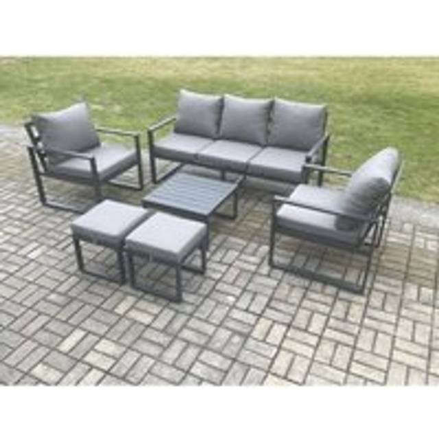 Fimous Aluminium 7 Seater Outdoor Lounge Sofa Set Garden Furniture Sets with Square Coffee Table 2 Chairs 2 Small Footstools Dark Grey