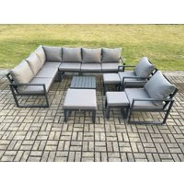 Fimous Rattan Garden Furniture Set Outdoor 11 Seater Corner Sofa Sets with Oblong Coffee Table Chair 3 Footstools Light Grey Mixed