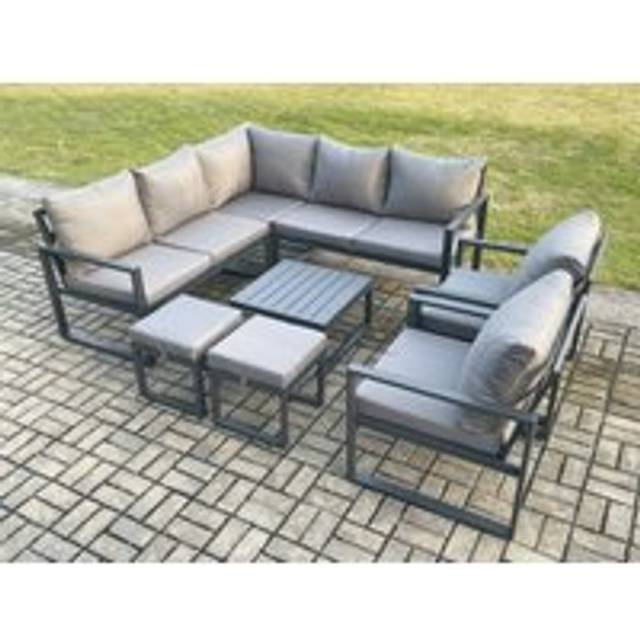 Fimous 9 Seater Outdoor Aluminium Garden Furniture Set Corner Lounge Sofa Set with Square Coffee Table 2 Small Footstools Dark Grey