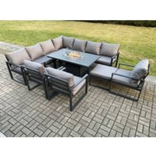 Fimous Aluminium 11 Seater Garden Furniture Outdoor Set Patio Lounge Sofa Gas Fire Pit Dining Table Set with 3 Chairs Big Footstool Dark Grey