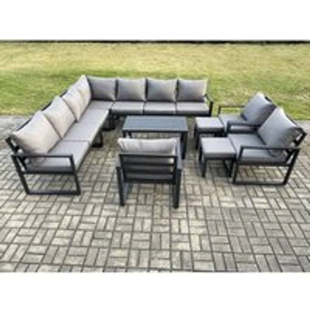 Fimous Aluminium Outdoor Garden Furniture Set Lounge Corner Sofa 3 Pcs Chair Oblong Coffee Table Sets with 2 Small Footstools Dark Grey