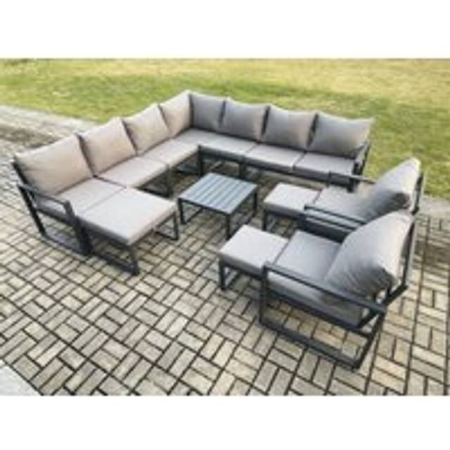 Fimous Outdoor Garden Furniture Set Aluminium Lounge Sofa Adjustable Rising Lifting Dining Table Sets Dark Grey
