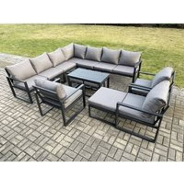 Fimous Aluminium 13 Seater Outdoor Garden Furniture Set Lounge Corner Sofa Oblong Coffee Table 3 Pcs Chair Sets with 3 Footstools Dark Grey