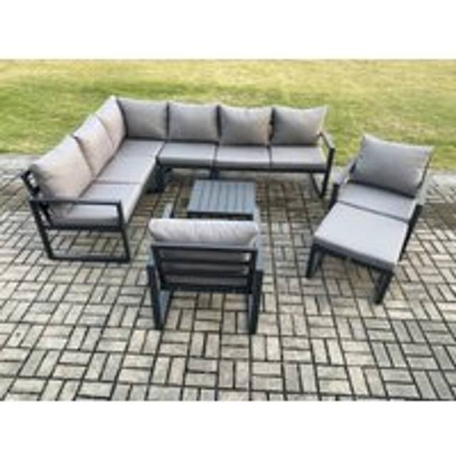 Fimous 9 Seater Aluminium Garden Furniture Set Outdoor Lounge Corner Sofa 2 Pcs Chair Square Coffee Table Sets with Big Footstool Dark Grey