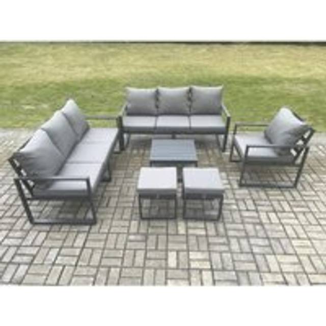Fimous Aluminium 9 Seater Outdoor Garden Furniture Lounge Sofa Set with Square Coffee Table Chair 2 Small Footstools Dark Grey