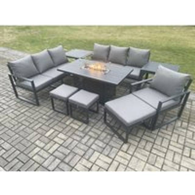 Fimous Aluminium 9 Pieces Garden Furniture Sofa Set with Cushions 10 Seater Gas Fire Pit Dining Table Set with 2 3 Footstools Dark Grey