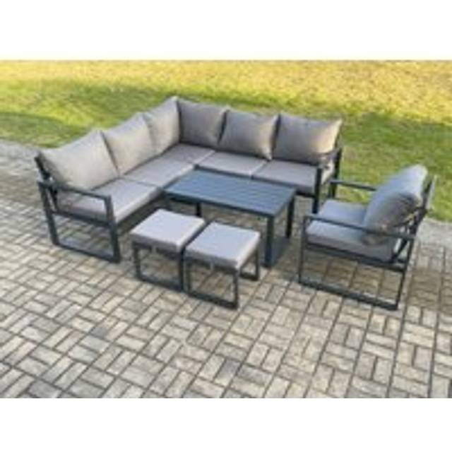 Aluminium Outdoor Garden Furniture Set Lounge Sofa Oblong Coffee Table Sets with Chair 2 Small Footstools Indoor Conservatory Set Dark Grey - One Size