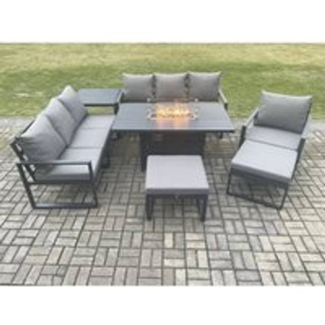 Fimous Aluminium 7 Pieces Garden Furniture Sofa Set with Cushions 9 Seater Gas Fire Pit Dining Table Set with 2 Big Footstools Dark Grey