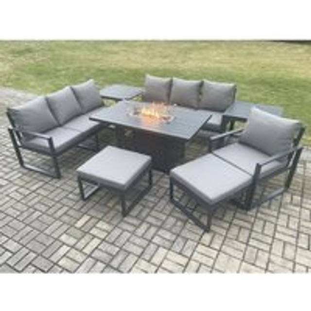 Fimous Aluminium 8 Pieces Garden Furniture Sofa Set with Cushions 9 Seater Gas Fire Pit Dining Table Set with 2 2 Big Footstools Dark Grey