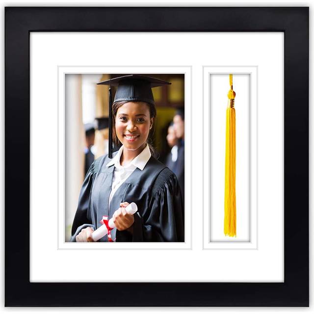 Golden State Art, 10x10 Black Shadow Box Frame - 5x7 Photo - Tassel - Double Mat (White Over White) - Square - Sawtooth Hanger - Wall Mount - Real Gla