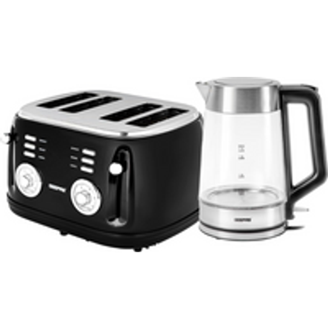 Geepas 4 Slice Bread Toaster & 1.7L Illuminating Electric Glass Kettle Combo Set- Black - Clear (4 - Slice)