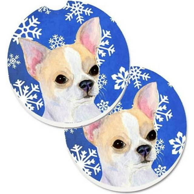 Chihuahua Winter Snowflakes Holiday Set of 2 Cup Holder Car Coaster