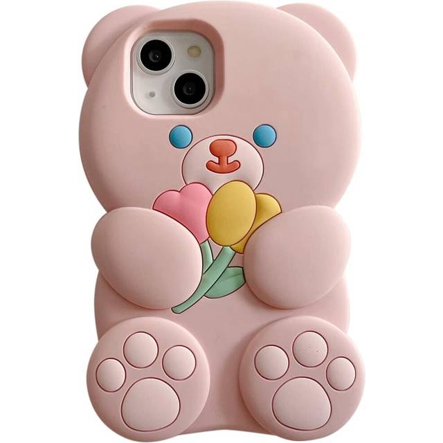 Phone Cases Apply to iPhone 14,Cute Cartoon Bear Phone Case with Flower Teddy Bear Pink Phone Case 3D iPhone 11 Case Soft Silicone Shockproof Cover