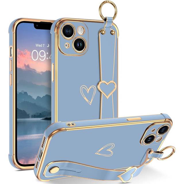 iPhone 14 Plus Phone Case with Adjustable Wristband Kickstand Loop, Cute Heart Luxury Plating Bumper, Raised Corner Shockproof Women Girls Cover