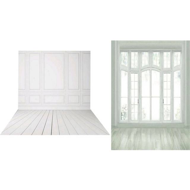 2Pcs 3X5Ft Vinyl Photography Backdrops Wedding Background for Photo Studio - White Brick Wall Wood Floor & European Window Floor