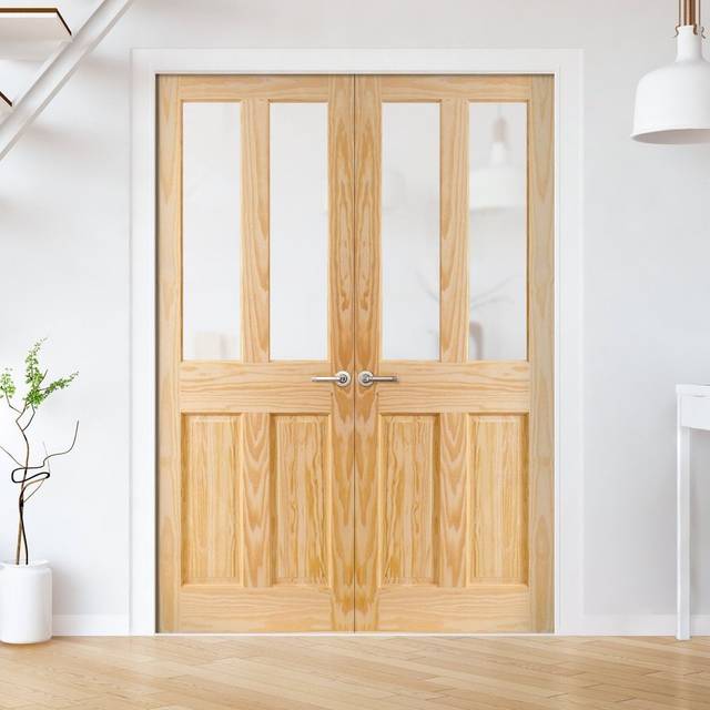 Liberty Doors Internal Clear Pine Unfinished 2 Panel 2 Light Obscure Glass Pair Door - 1981x1524x35mm (78&apos;&apos;x60&apos;&apos;) (26BB-000144) Si
