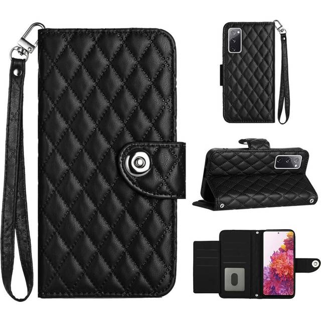 (Black) Case For Samsung Galaxy S20 FE 4G/5G Wallet Cover Wrist Strip Shockproof Stylish Protective Card Holder