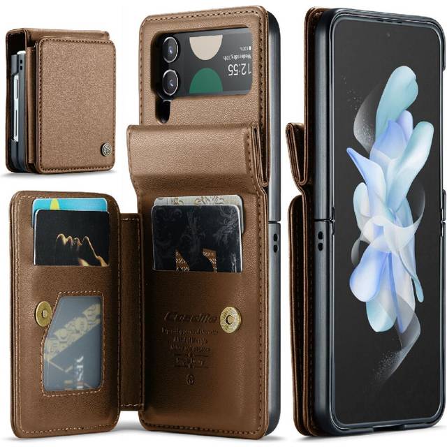 (Brown) CaseMe Wallet Case For Samsung Galaxy Z Flip 4 5G Kickstand Slim Shockproof Case PU Leather Card Holder RFID Blocking