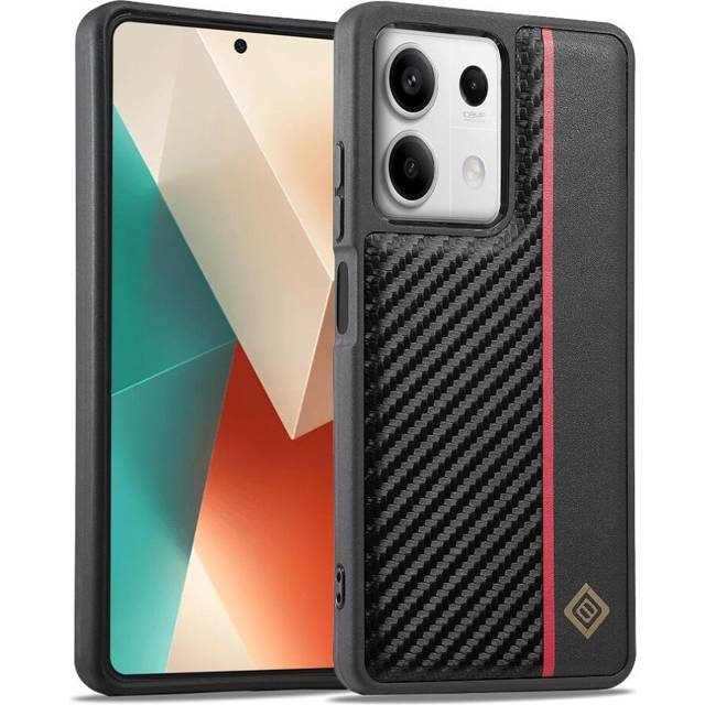 (Black) Case For IPhone XR Microfibre Lining Inside High Quality Clipless 2-in-1 Bottom Shell Aluminium Metal Logo With Red Vertical Stripes Carbon Fi