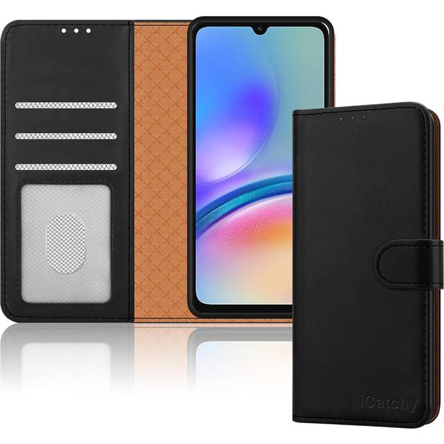 iCatchy för Samsung Galaxy A05S fodral läder plånbok bok flip folio stativ vy magnetiskt skydda RFID-blockerande fodral kompatibel med Samsung A05s telefon (svart)