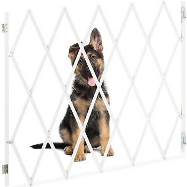 Safety Gate, Dog Barrier, Width Extendable up to 130 cm, 87.5-100 cm high, Bamboo, Stair & Door Guard, White - Relaxdays