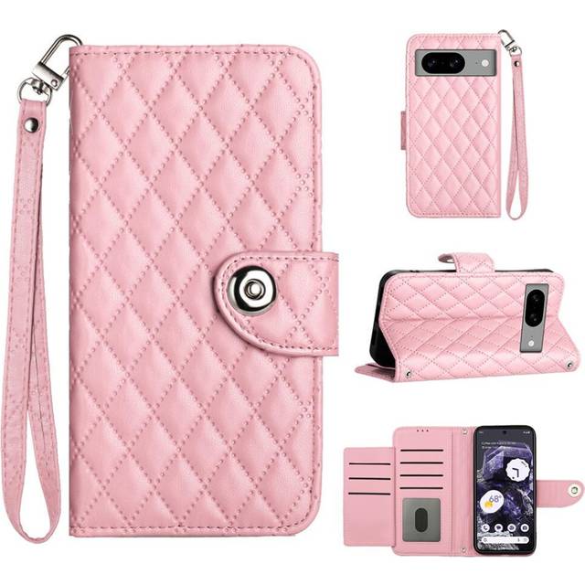 (Pink) Case For Google Pixel 8 5G Card Holder Wallet Cover Shockproof Stylish Protective Wrist Strip