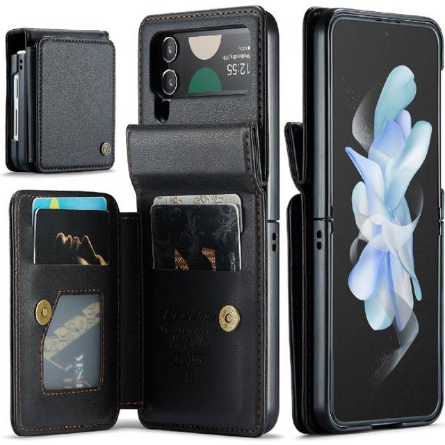 (Black) CaseMe Wallet Case For Samsung Galaxy Z Flip 4 5G Kickstand Slim Shockproof Case PU Leather Card Holder RFID Blocking