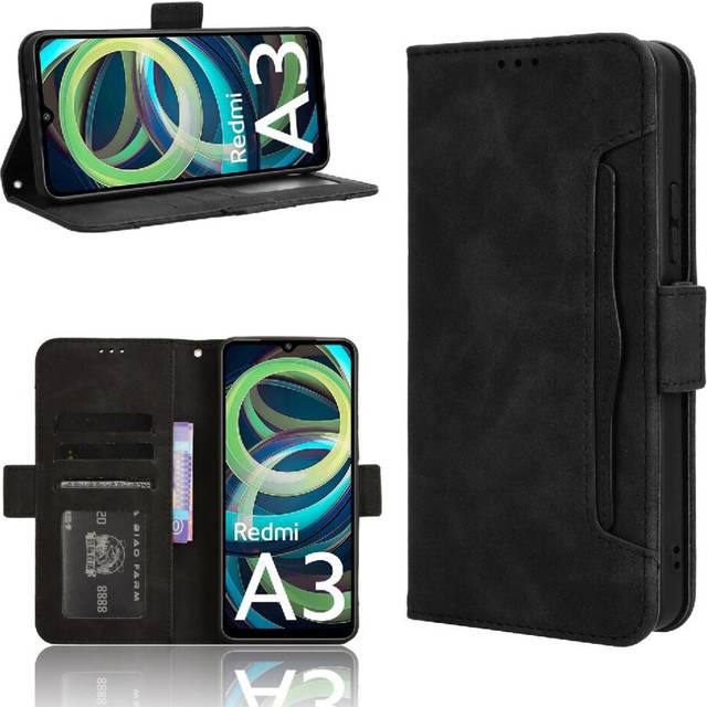 (Black) Case For Xiaomi Redmi A3 Adjustable Detachable Card Holder Magnetic Closure Leather Wallet Cover