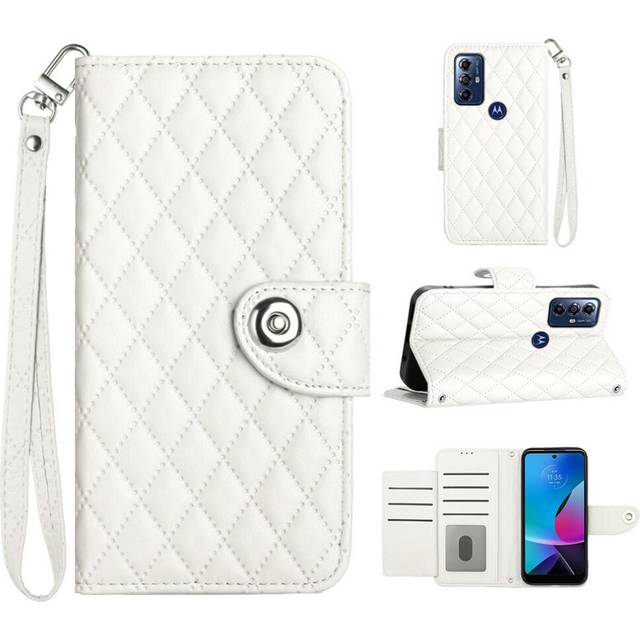 (White) Case For Motorola MOTO G Play 2023 Wrist Strip Wallet Cover Card Holder Shockproof Stylish Protective