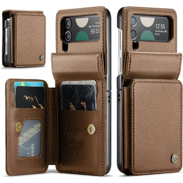 (Brown) CaseMe Wallet Case For Samsung Galaxy Z Flip 3 Card Holder PU Leather RFID Blocking Slim Shockproof Case Kickstand