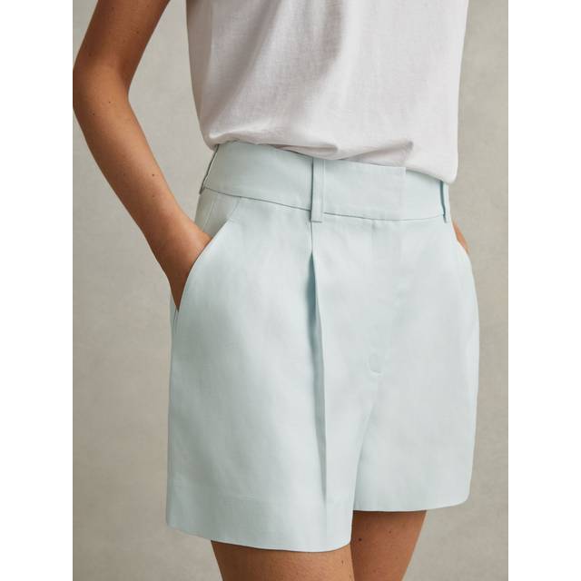 Reiss Womens Blue Lori Front-pleat High-rise Linen-blend Shorts 14